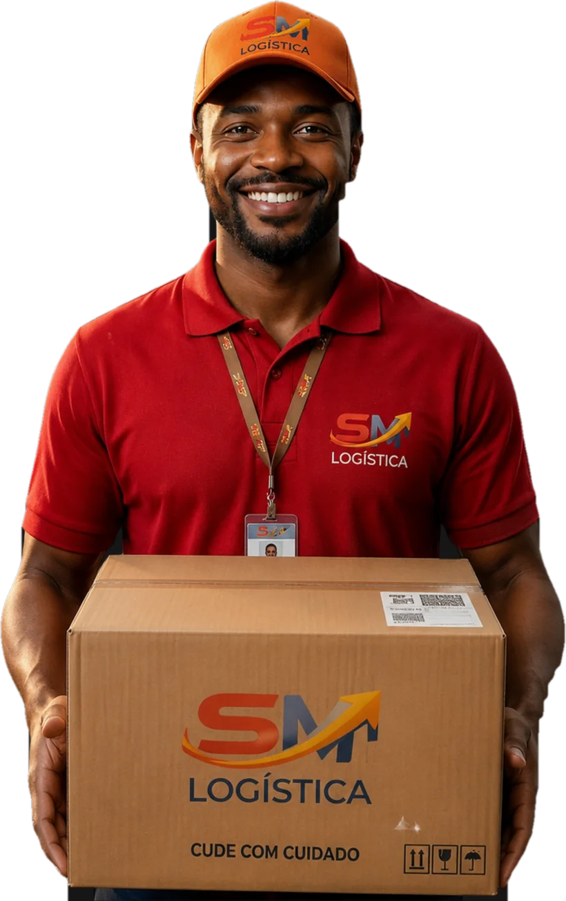 Entregador da SM Logística com a encomenda na mão